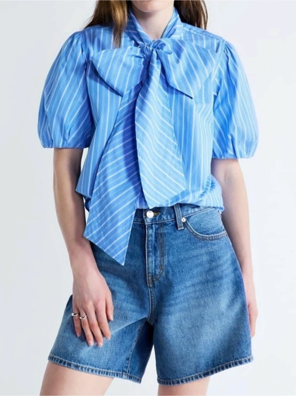 Free Assembly Bow Tie Top Blue & White Striped Blouse